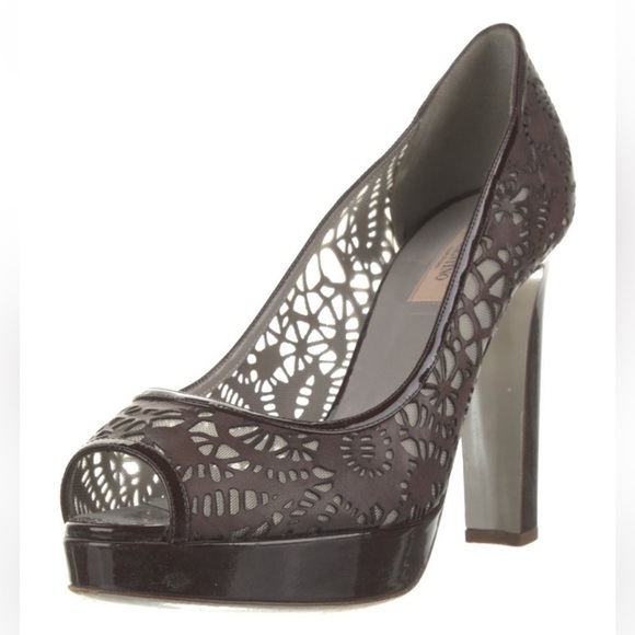 Valentino Garavani Laser Cut Leather Platform Peep Toe Heel Pumps Brown 40 - Picture 2 of 15